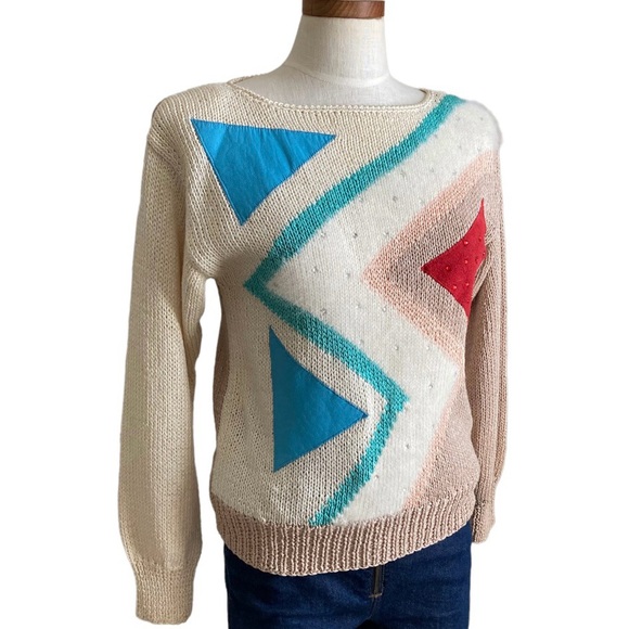 Vintage 80s Nannell Geometric Novelty Hand Knit Sweater Sz S - Picture 7 of 13